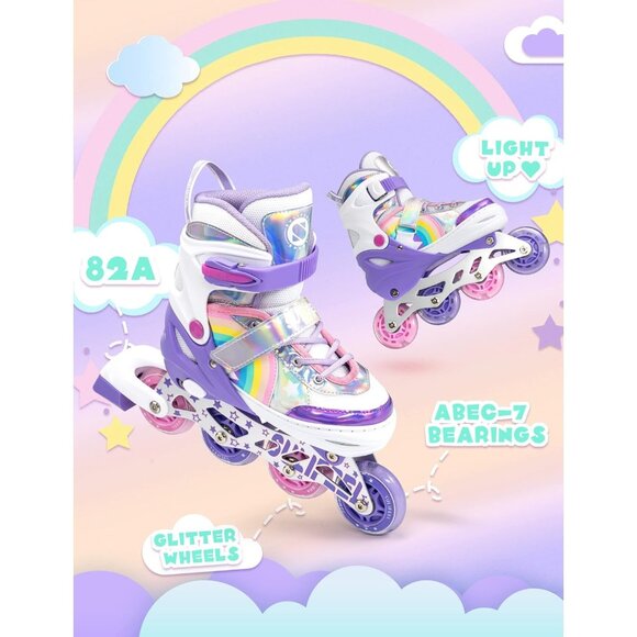 Sulifeel Kids B Purple Rainbow Unicorn Inline Adjustable Light Up Wheels Skates - Picture 4 of 7